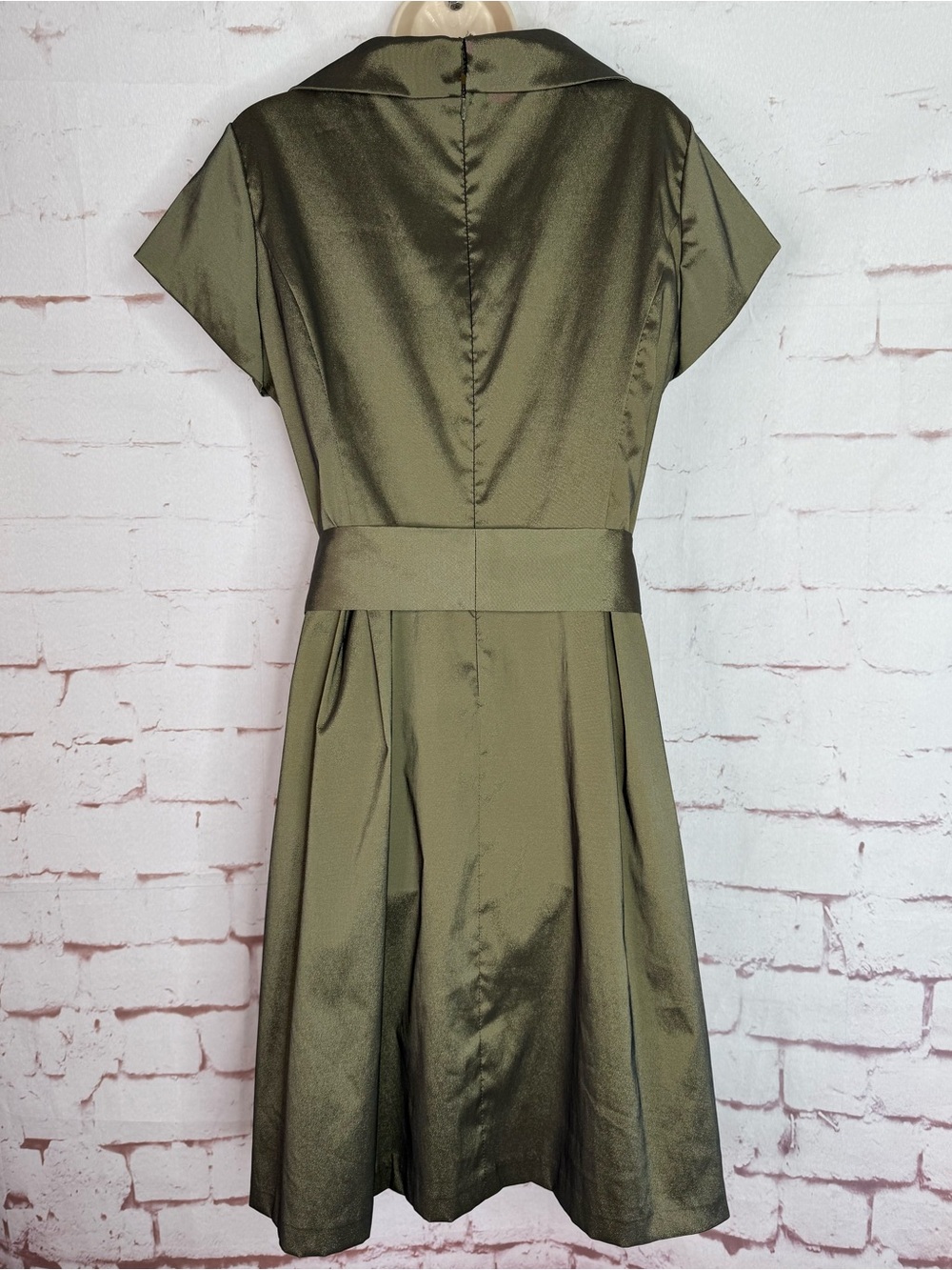 JULIAN TAYLOR Taffeta Vintage Olive Green Rhinestone Button Sz 14 Cocktail Dress - Picture 4 of 15